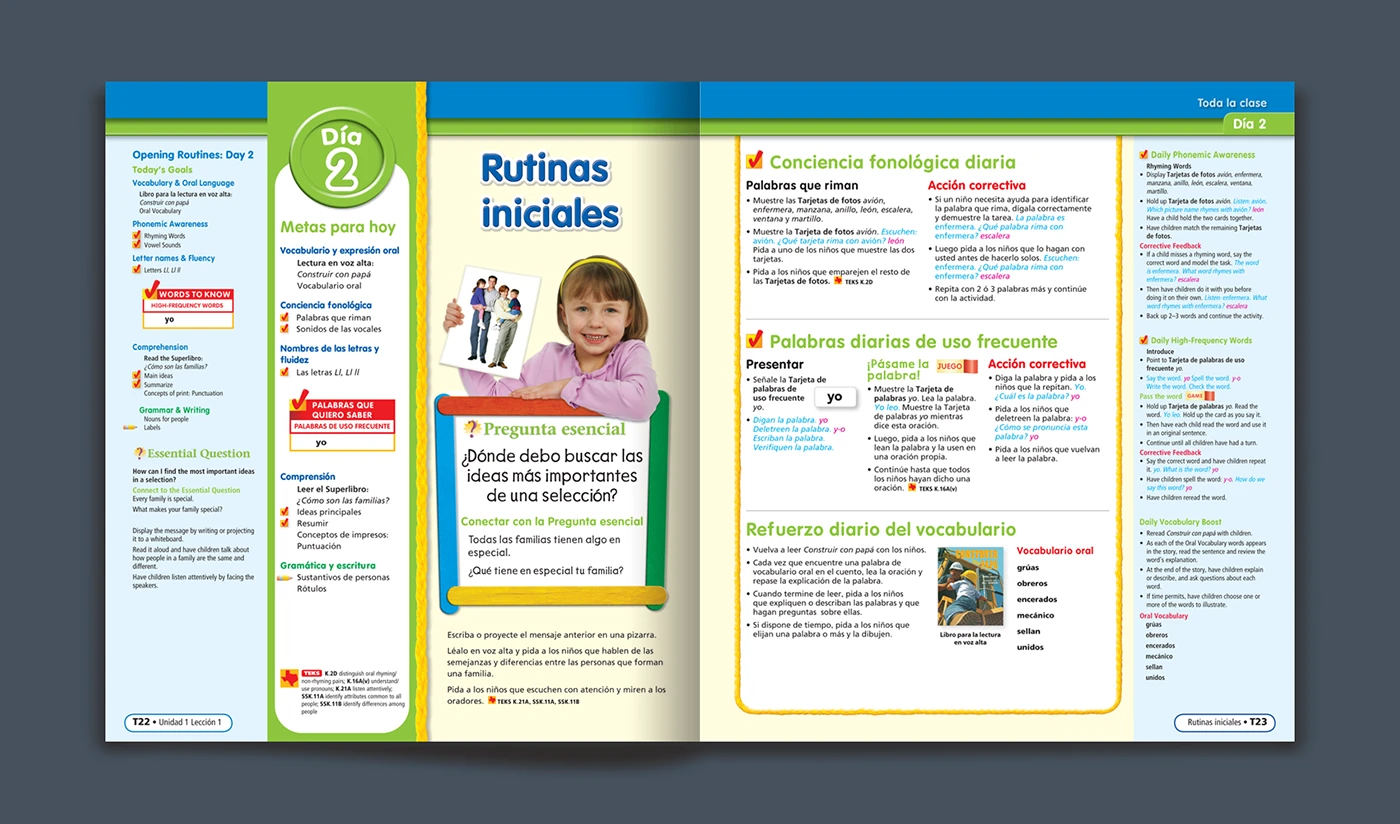 Guía de HMH con rutinas iniciales y actividades docentes en columnas de colores