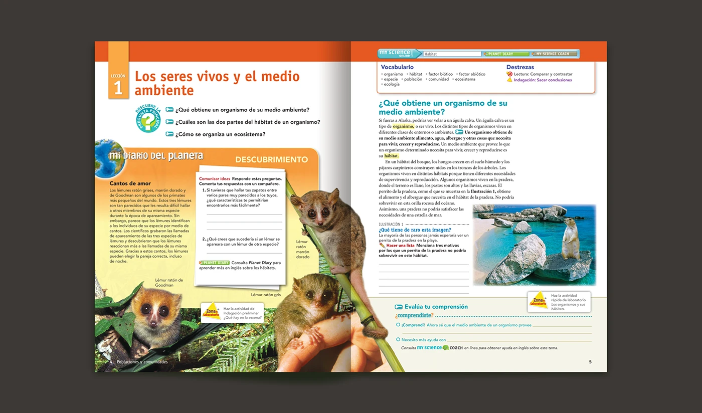 Doble página de ciencias de Pearson sobre seres vivos y ambiente, con fotografías y actividades