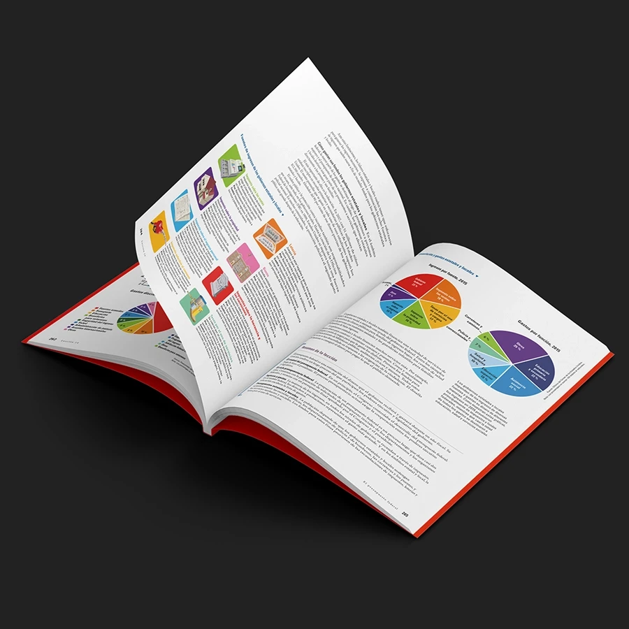 Libro de TCI con páginas desplegadas y gráficos circulares de distintos colores